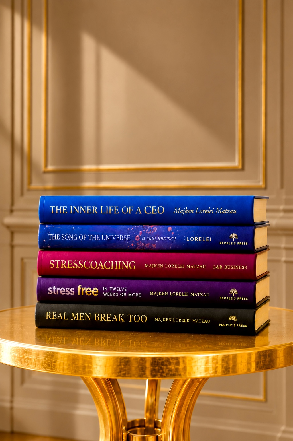 The books of Majken Lorelei Matzau stacked on a pedestal